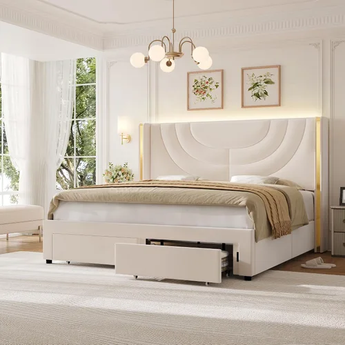 Vista 9 de HITHOS - Base de cama tapizada tamaño individual, cabecera de almacenamiento LED, color beige Velvet Bedframe with Storage Drawers, Wingback with