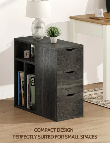 Vista 6 de Mesa auxiliar estrecha con 3 cajones, mesa auxiliar de madera con estantes de almacenamiento para sala de estar, mesa auxiliar delgada para sofá
