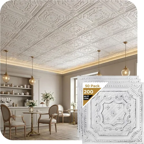 Vista 40 de De normal a hermoso en horas DCT04 Elizabethan Shield - Azulejos de PVC para techo de 2 x 2 pies (cubre 100 pies cuadrados), blanco negro antiguo