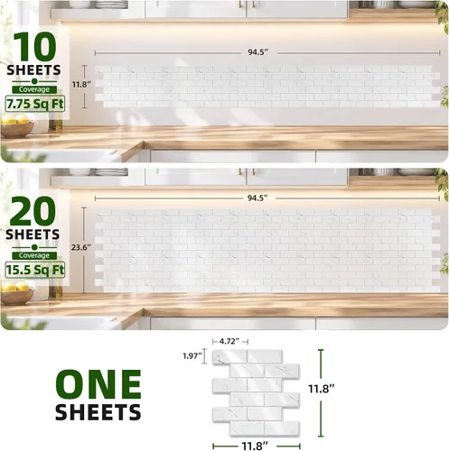 Vista 3 de WADILE Azulejos de cristal para despegar y pegar, color blanco Mármol Blanco