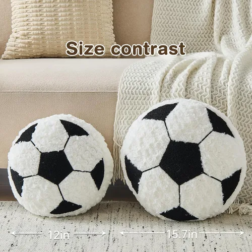 Vista 2 de Cojín redondo de fútbol de fútbol, suave y esponjoso, almohada decorativa de felpa para decoración de habitación (negro, 12 pulgadas)