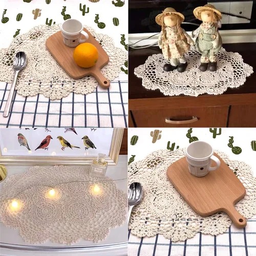 Vista 4 de Phantomon Juego de 4 manteles individuales hechos a mano de ganchillo de algodón, paquete de 4, forma ovalada, 12 x 17 pulgadas (beige)