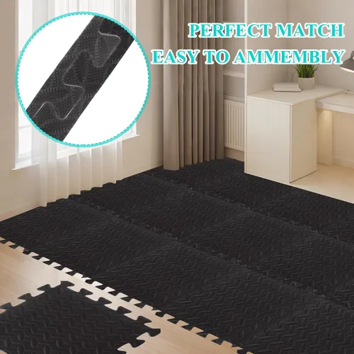 Vista 4 de 18 alfombrillas de gimnasio de 12 x 12 x 0.4 pulgadas para gimnasio en casa, azulejos de espuma extraíble de color negro, suelos de gimnasio de Eva