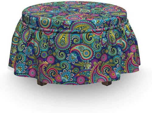 Vista 4 de Ambesonne Funda otomana de cachemira, bohem colorido, juego de fundas de 2 piezas con falda con volantes para reposapiés cuadrado redondo cúbico