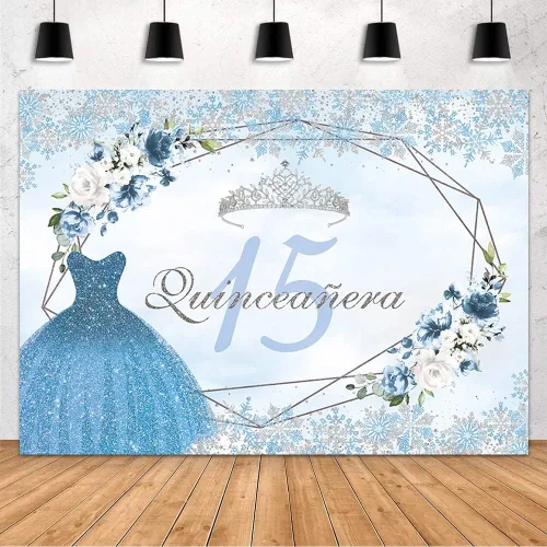 Vista 2 de MEHOFOND Telón de fondo de quinceañera de invierno de 7 x 5 pies para niña, suministros de decoración de fiesta de cumpleaños de 15 años, pancarta