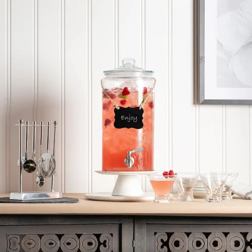 Vista 4 de Dispensador de bebidas de 2 galones con espita de acero inoxidable + marcador y pizarra, dispensador de bebidas de vidrio 100% a prueba de fugas
