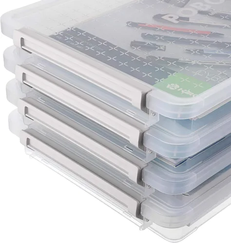 Vista 4 de BTSKY Paquete de 4 cajas de almacenamiento apilables de plástico transparente A4 Plus, contenedor de papel para revistas, con hebilla, accesorios