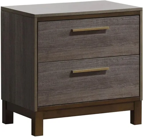 Vista 2 de NewCosmos Mesita de noche contemporánea de dos tonos gris antiguo, mueble de dormitorio, mesita de noche, centro de metal, tiradores de barra