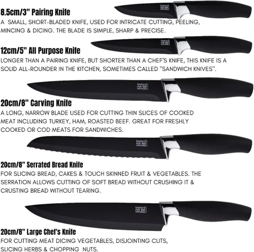 Vista 3 de Taylors Eye Witness Juego de 5 cuchillos de cocina de regalo – Brooklyn Chrome Coloured Bolsters, navaja a juego con cuchillas negras azabache