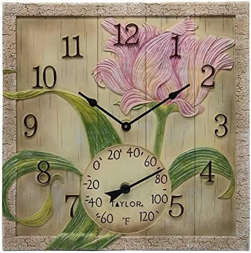 Vista 9 de Taylor Reloj y termómetro de poliresina de hibisco rosa para interiores y exteriores, decoración del hogar para jardín, patio, piscina y áreas
