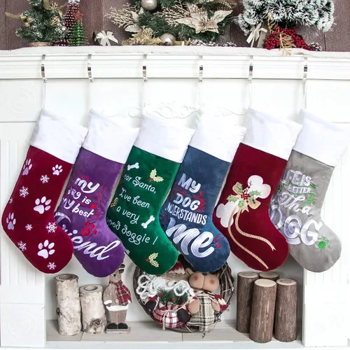 Vista 3 de GEX Medias de Navidad para perro, gato o mascota, de 22 pulgadas, forro acolchado grande, bordado, de lujo, encantador, terciopelo, adornos