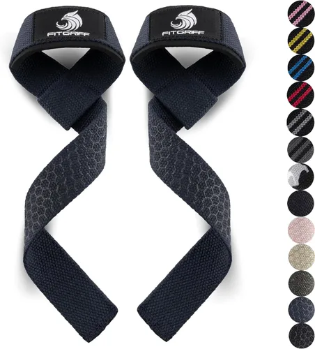 Vista 9 de Fitgriff® Correas de muñeca para levantamiento de pesas, gimnasio, peso muerto, entrenamiento (hechas de algodón premium y acolchadas) - Hombres
