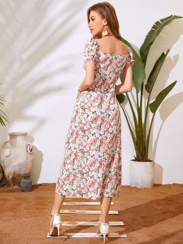Vista 2 de WDIRARA Vestido de mujer con estampado floral, manga abombada, cuello cuadrado, lazo frontal dividido en el muslo