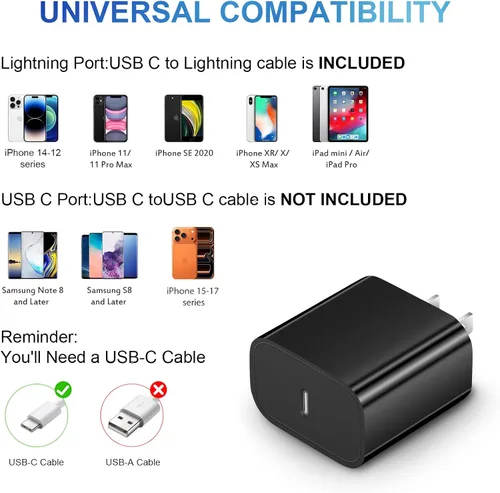 Vista 5 de Cargador de carga rápida para iPhone 14, 13, 12, 11, paquete de 3 cargadores de iPad de 20 W, cargador C de 6 pies, cable de carga rápida Whit Negro