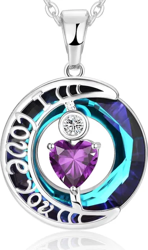 Vista 56 de Collares de cristal para mujer, regalos para aniversario de esposa, regalos de cumpleaños para mujeres, collar de zafiro azul con la frase "I Love