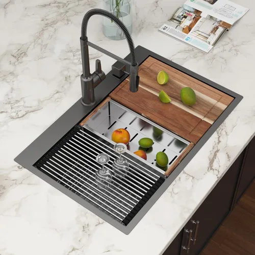 Vista 21 de Fregadero de cocina de 25 pulgadas, fregadero de un solo cuenco, color negro mate, calibre 18, 25 x 22 pulgadas, acero inoxidable, montaje superior