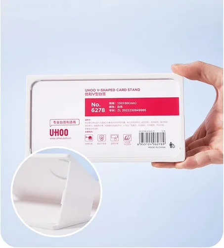 Vista 6 de Soporte para placa de nombre de escritorio, soporte de letrero de plástico para exhibición de mesa, placa de identificación plegable de doble cara