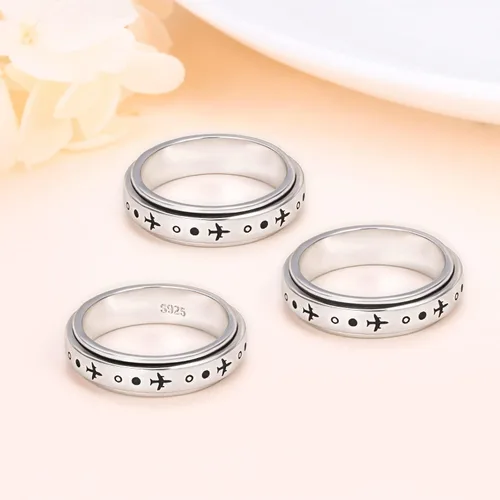 Vista 5 de Anillo giratorio de avión para mujeres, hombres, niños y niñas, de plata de ley 925, anillos antiestrés para ansiedad, alivio del estrés, TDAH