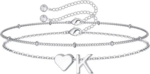 Vista 12 de M MOOHAM Pulseras de oro con inicial de corazón para mujer, pulseras con dije de letra A-Z de corazón dorado en capas para mujer, pulseras