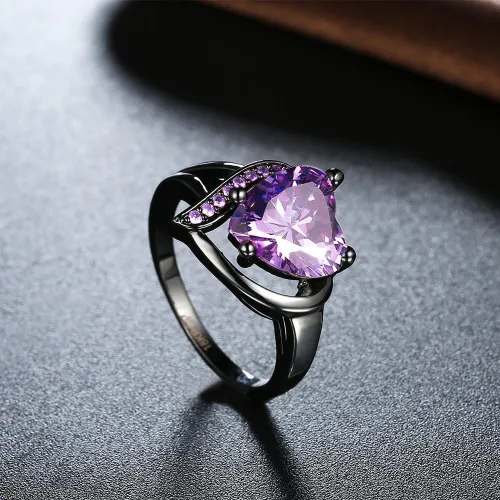 Vista 5 de QOBEBOTA Anillo romántico de compromiso chapado en oro de 18 quilates, anillos de eternidad con incrustaciones de corazón rojo, circonita cúbica