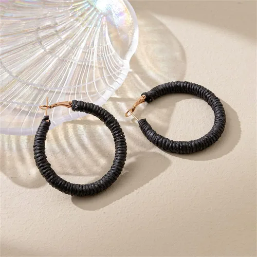 Vista 2 de Aretes de ratán hechos a mano, diseño circular de mimbre trenzado, diseño de mimbre de paja trenzada, estilo bohemio, aretes de gota de verano