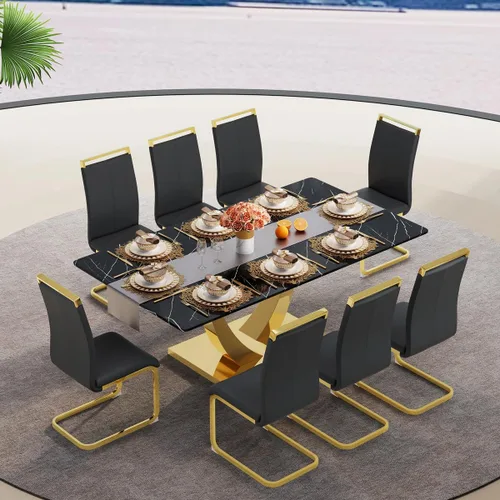 Vista 26 de Juego de mesa de comedor negra para 4, 63 x 35.4 x 30 pulgadas, mesa de comedor moderna rectangular con patas y base de acero inoxidable, sillas