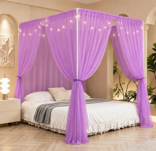 Vista 15 de Akiky Cortinas de Cama con Luces con Postes en las 4 Esquinas para Adultos y Niñas, Cortinas de Cama Arcoíris con Malla - 8 Paneles