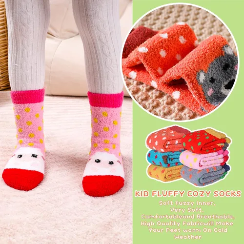 Vista 5 de 6 pares de calcetines antideslizantes para bebés y niñas, calcetines cálidos con agarres para niños pequeños, de lana gruesa y suave, para invierno
