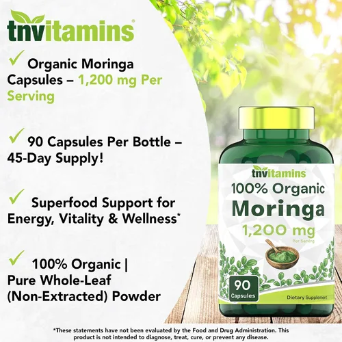 Vista 3 de tnvitamins Cápsulas de polvo de moringa orgánica: 1,200 mg por porción, 90 unidades Suplemento superalimenticio para energía y vitalidad* Hoja