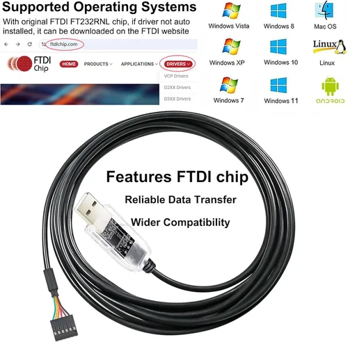 Vista 4 de DTECH Adaptador USB a TTL chip FTDI 5V 6 pines USB a UART Cable de depuración FT232RNL IC Convertidor serie 6ft Indicadores LED Salida 5 voltios