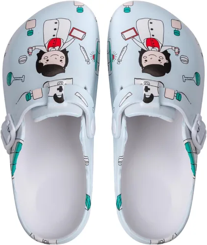 Vista 16 de Zuecos de jardín para mujer, zapatos cómodos de EVA sin cordones, bonitos zuecos impermeables impresos para enfermeras, hogar, exteriores, cocina