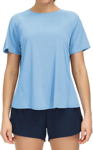 Vista 7 de THE GYM PEOPLE Camisetas de entrenamiento de manga corta para mujer, camisetas de yoga transpirables con aberturas laterales