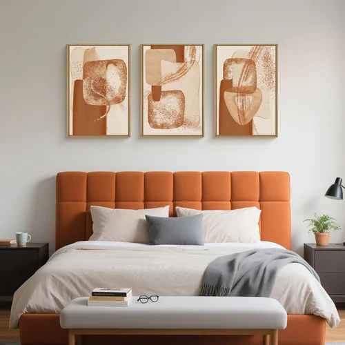 Vista 4 de Celestdeco Juego de arte de pared en lienzo abstracto y neutro grande con marco naranja, moderno y minimalista para pared, diseño geométrico bohemio