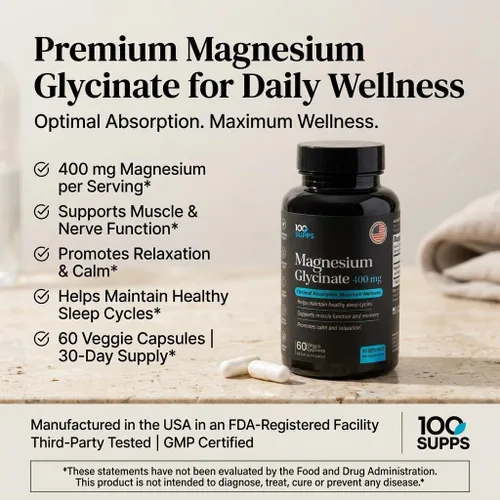 Vista 9 de Glicinato de magnesio 400 mg – 60 cápsulas Suministro para 30 días Magnesio quelado para apoyo muscular, nervioso y sueño Vegano, sin gluten