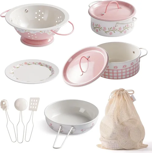 Vista 10 de ROBUD Juego de Ollas y Sartenes para Niños, Accesorios de Cocina para Jugar, Ollas y Sartenes de Metal en Crema Azul, Juego de Cocina para Niños