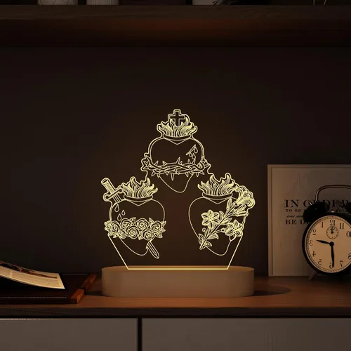 Vista 3 de Anywin Tres corazones sagrados, regalos católicos para mujeres/hombres, corazones de Jesús, luz nocturna, regalos de fe para Navidad, devocional