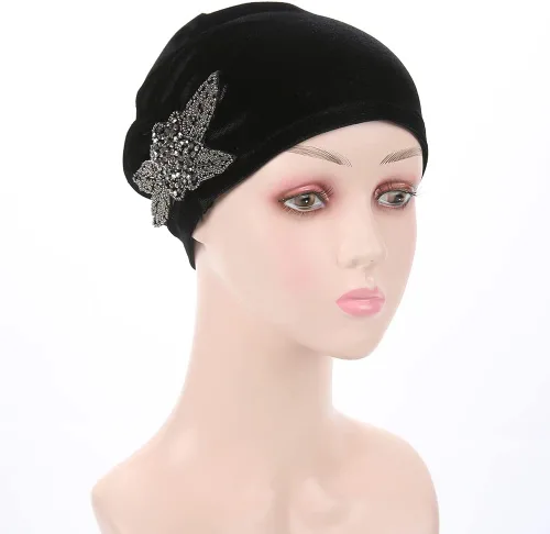 Vista 7 de YiYi Operation Gorro de terciopelo elástico para mujer, gorro de quimioterapia con cuentas de flores para el cabello