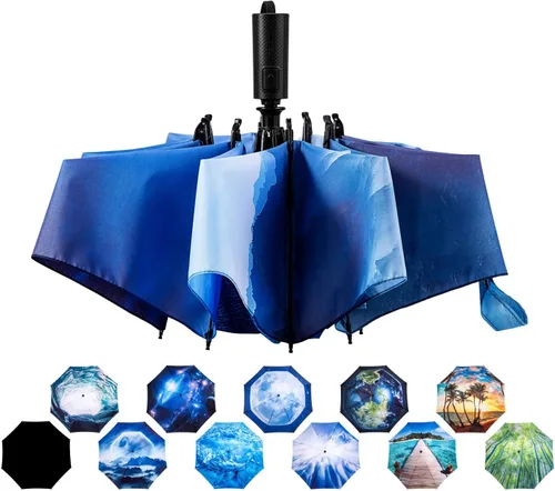 Vista 120 de LANBRELLA Paraguas plegable inverso compacto paraguas de viaje a prueba de viento automático