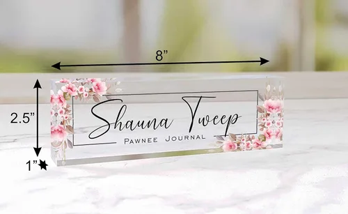Vista 2 de Bloque de placa de nombre de escritorio de acrílico transparente personalizado con flores decorativas