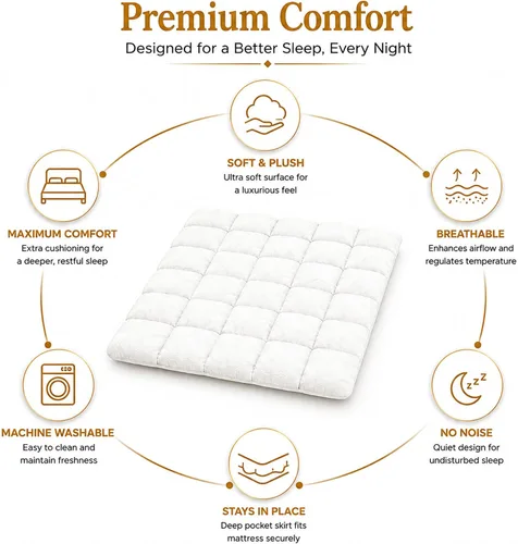 Vista 6 de Treaton, Protector de colchón, almohada de algodón refrescante, protector acolchado elástico, transpirable, suave y esponjoso con bolsillo profundo