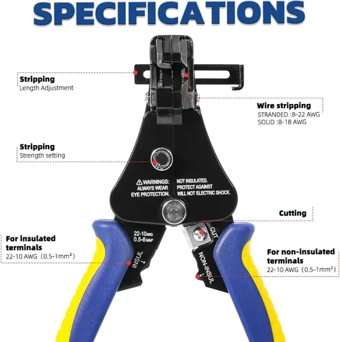 Vista 5 de haisstronica Herramienta pelacables, 3 en 1, pelacables automáticos ajustables y resistentes para 8-22 AWG, pelacables, corte, engaste de 7 pulgadas