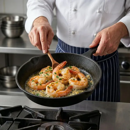Vista 5 de Restaurantware Met Lux - Sartén sazonada de 6.5 x 10 x 1 pulgadas, 1 sartén resistente lista para horno, agujero para colgar, con boquilla