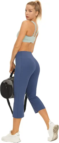 Vista 5 de AFITNE Pantalones de yoga capri de longitud completa para mujer, con bolsillos, cintura alta, acampanados, para entrenamiento, pantalones de trabajo