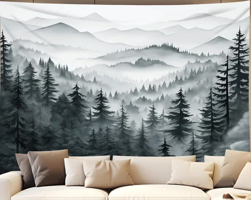 Vista 15 de QGHOT Tapiz de bosque brumoso, tapiz de montaña natural para colgar en la pared, paisaje de acuarela verde salvia, arte de pared para dormitorio
