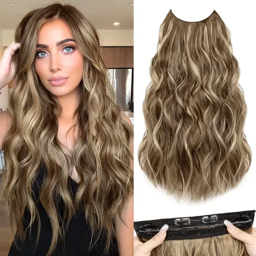 Vista 16 de Extensiones de Cabello con Alambre Invisible - Extensiones de Cabello Halo de 14 Pulgadas Largas Onduladas Postizo Sintético con Alambre