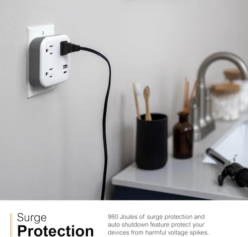 Vista 5 de GE UltraPro 81787 Protector SurGE de 3 tomas, extensor de salida con USB, enchufe de pared, 1 USB-A, 1 USB-C, adaptador espaciado, para el hogar u