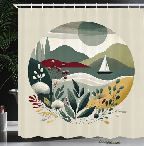 Vista 46 de Ambesonne Cortina de ducha de gato, diseño bohemio de estilo étnico con poses de gatitos sentados y acostados, juego de decoración de baño de tela