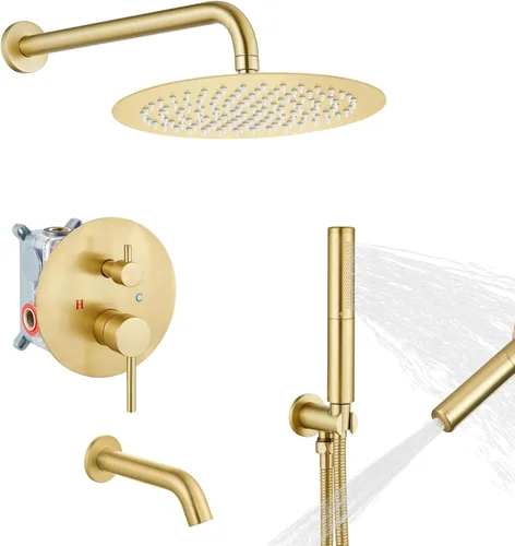 Vista 14 de Airuida Sistema de ducha con boquilla de bañera, cabezal de ducha redondo de 10 pulgadas con 2 funciones, ducha de mano, montaje en pared, juego