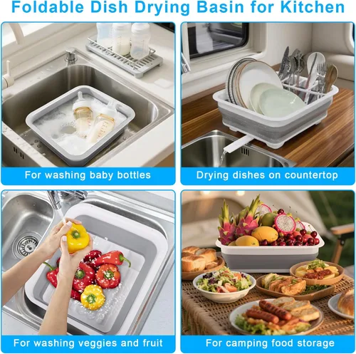 Vista 5 de Escurridor de platos plegable con tubo de tapón de drenaje, escurreplatos portátiles para encimera de cocina, estante plegable para secar platos