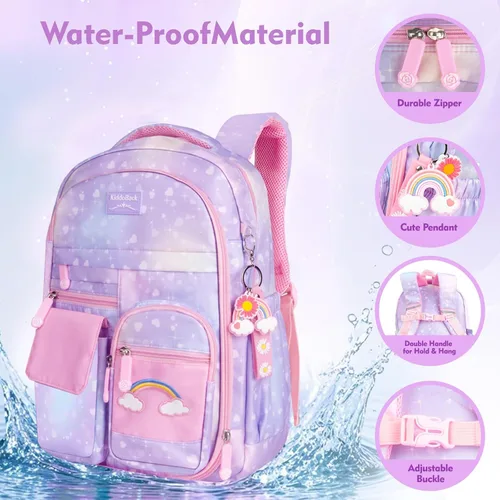 Vista 5 de Mochila Kawaii Rainbow para niñas Lindas bolsas escolares estrelladas para niños y adolescentes con estuche de felpa para bolígrafos y juego de 6